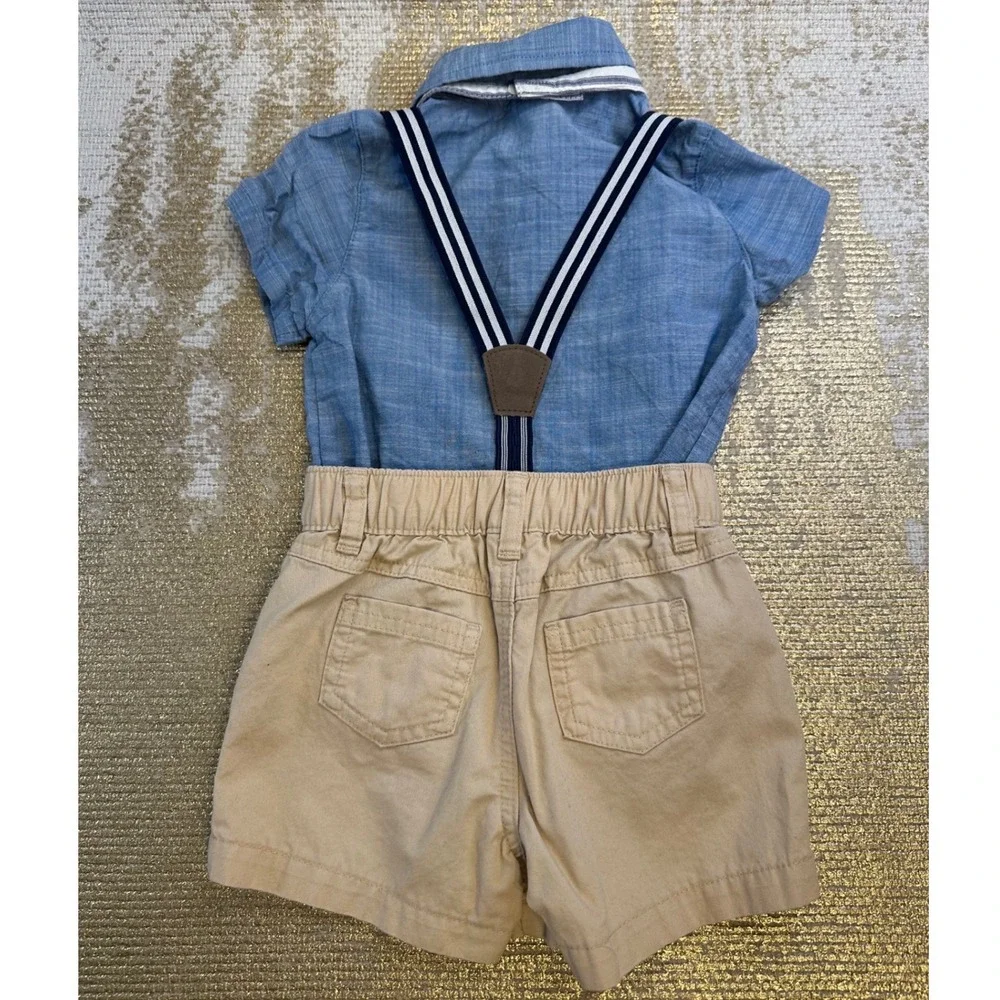 CAT & JACK Baby Boys Chambray Blue/Khaki Suspender Bow Tie Shorts Outfit 18M - Picture 4 of 7